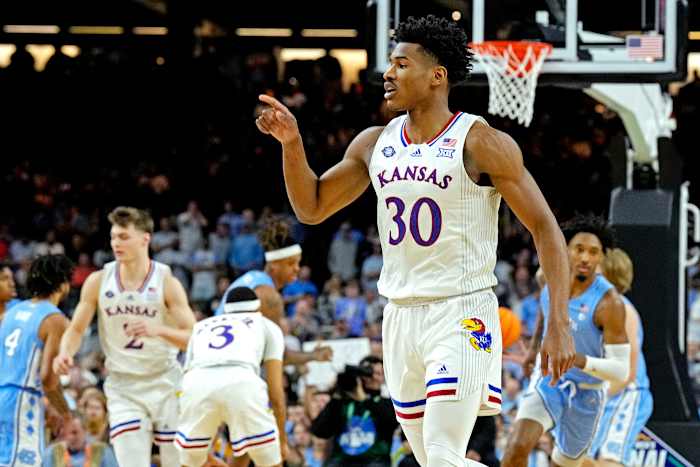 Kansas Jayhawks guard Ochai Agbaji (30) reacts after a play against the North Carolina Tar Heels during the 2022 NCAA men's basketball tournament Final Four championship game at Caesars Superdome. Mandatory Credit: Robert Deutsch-USA TODAY Sports